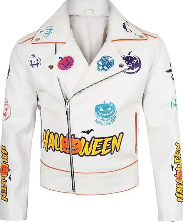 Halloween White Leather Biker Jacket with Pumpkin Patches