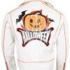 Shop Halloween White Leather Biker Jacket with Pumpkin Patches