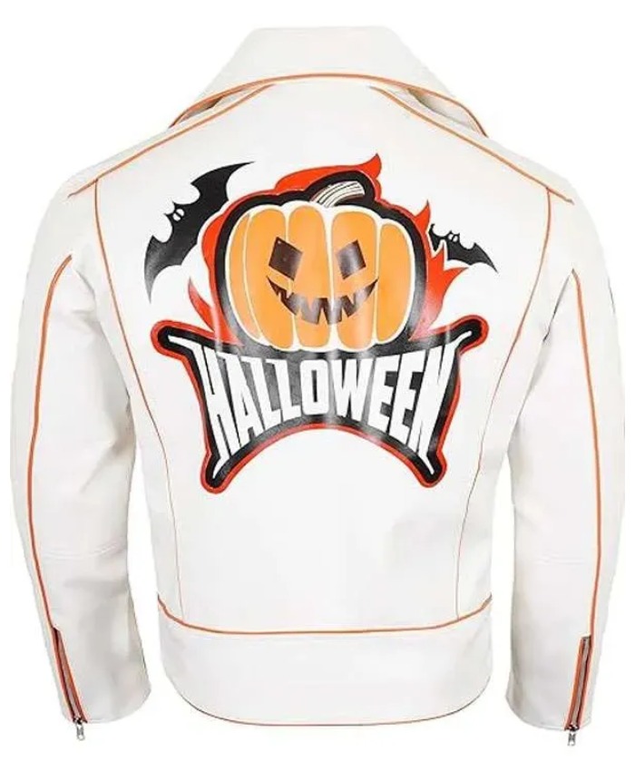 Shop Halloween White Leather Biker Jacket with Pumpkin Patches