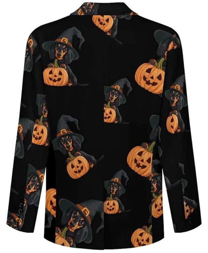 Black Witch Dachshund Dog Halloween Pumpkin Printed Blazer