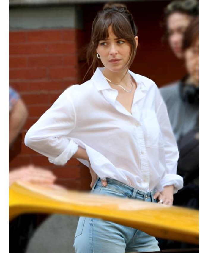 Dakota Johnson Movie Materialists 2025 Lucy Pocket Detail White Shirt
