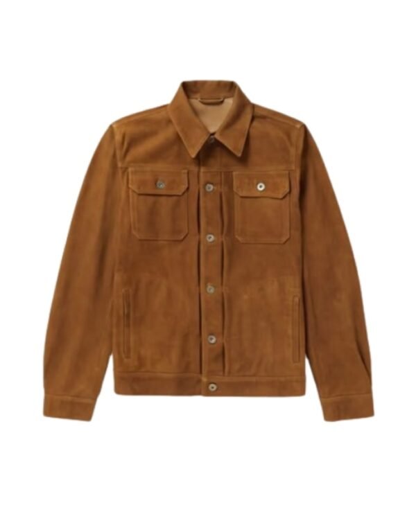 Brown Suede Sheep Skin Leather Trucker Jacket for Mens