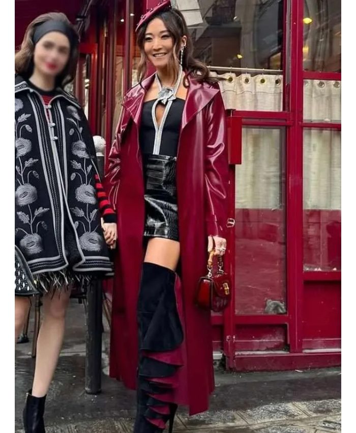 Ashley Park Emily in Paris S04 Mindy Chen Burgundy Leather Latex Coat