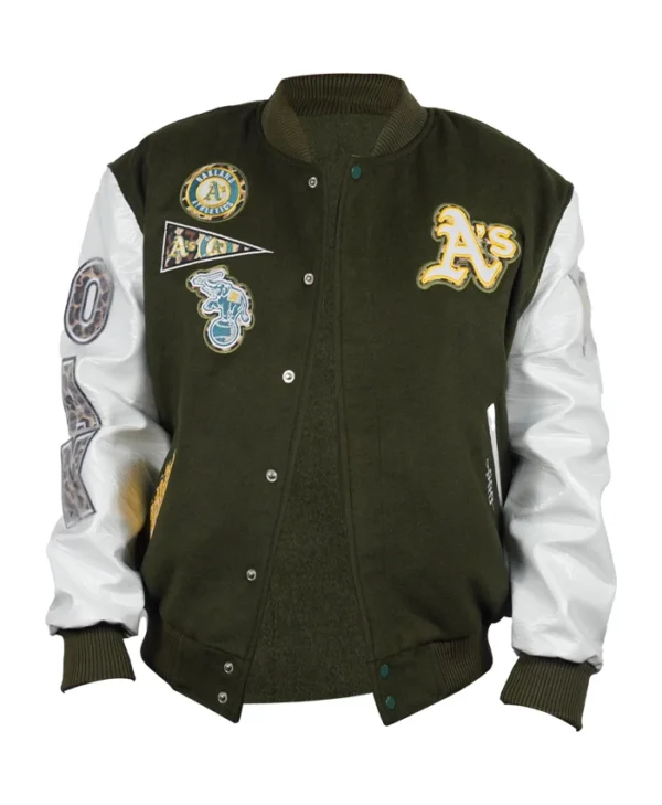 Oakland Athletics Green White Animal Print Varsity WoolLeather Jacket