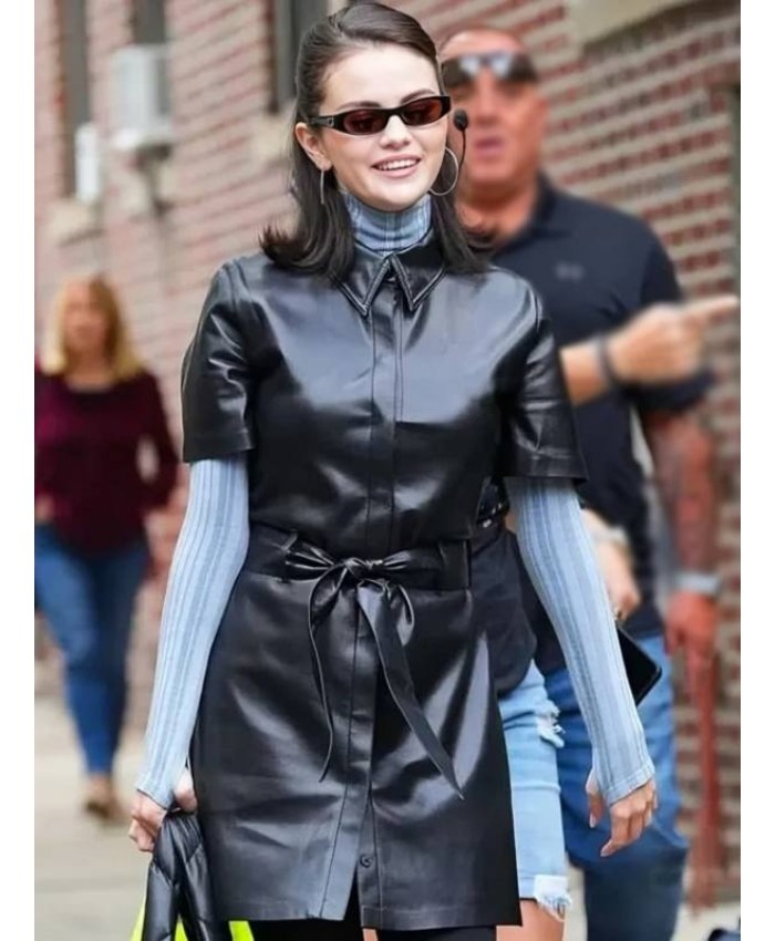 Shop Selena Gomez Only Murders in the Building S5 Mabel Mora Leather Dress In Black