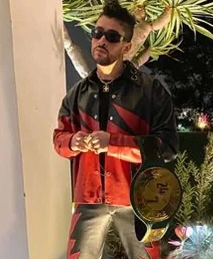 Bad Bunny Black and Red Leather Jacket