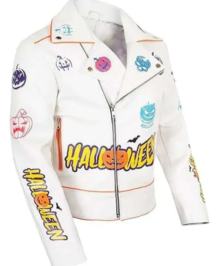 Halloween Pumpkin Biker Leather Jacket In White
