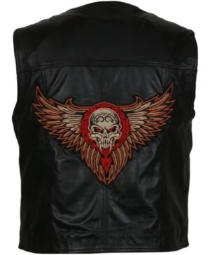 Skull Wings Black Leather Vest with Tribal Embroidery on Back