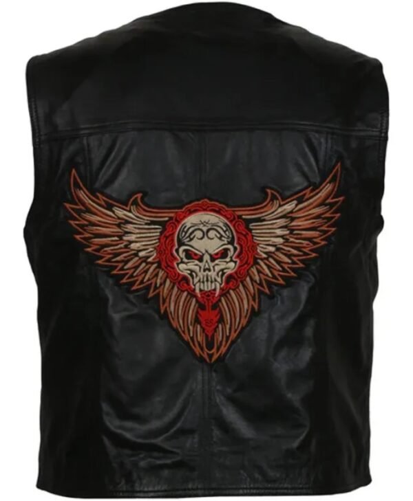 Skull Wings Black Leather Vest with Tribal Embroidery on Back