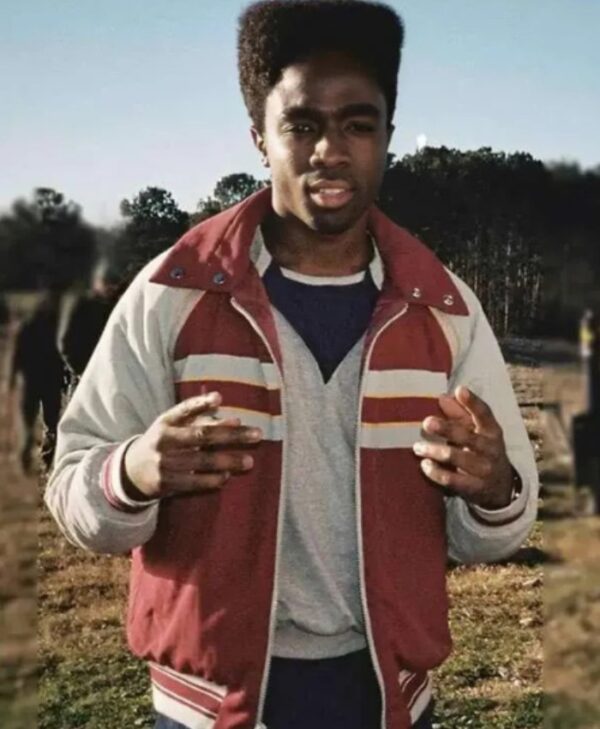 Stranger Things Season 5 Lucas Sinclair Burgundy and Gray Jacket