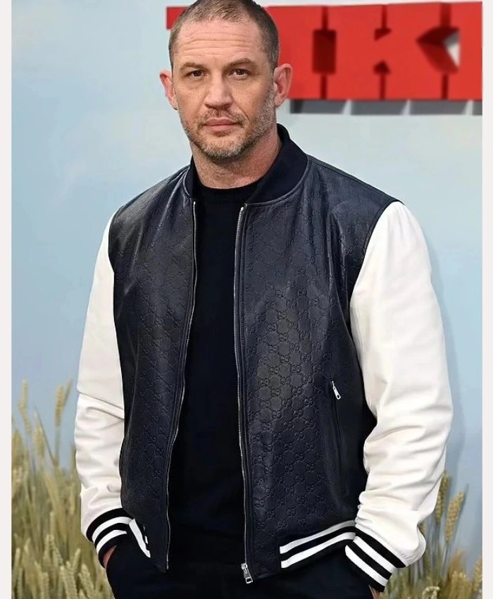 Tom Hardy The Bikeriders Premiere Black and White Leather Bomber Jacket Buy Now