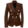 Brown Women Kim Kardishian Leather Blazer Coat