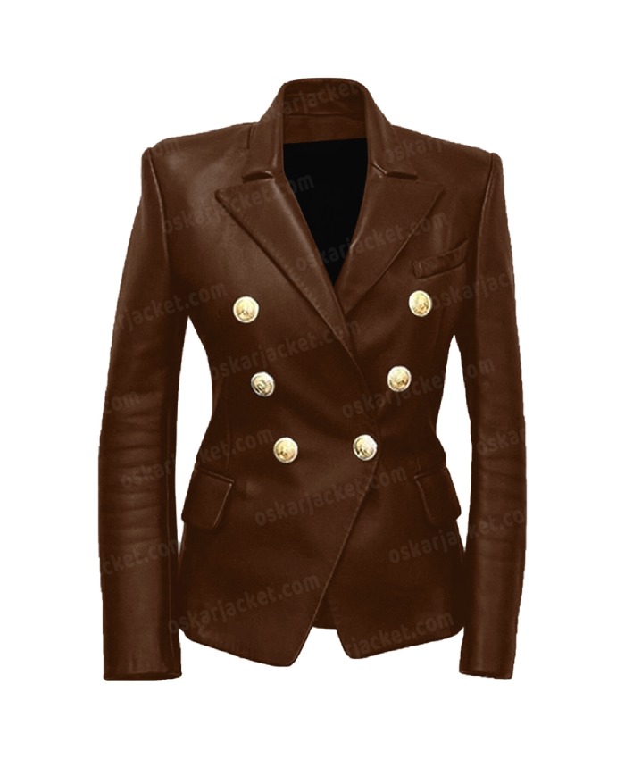 Brown Women Kim Kardishian Leather Blazer Coat
