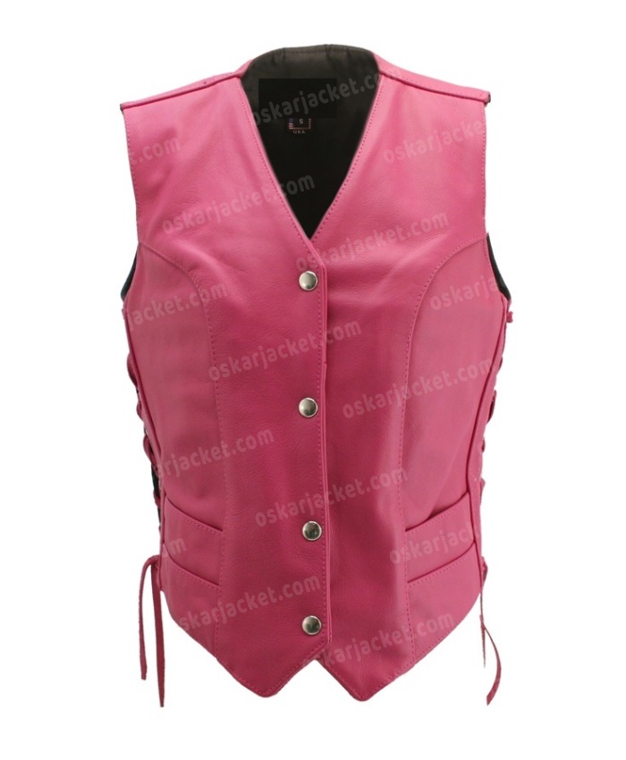Hot Pink Leather Side Laces Biker Motorcycle Vest For Womens