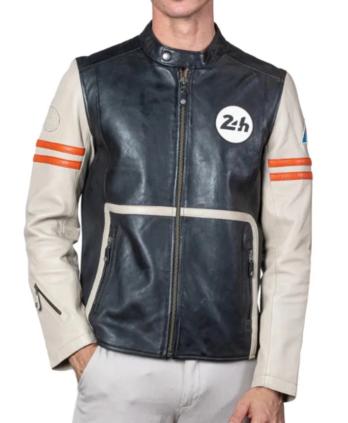 24H Le Mans Karl Ecru Orange Striped Leather Jacket Black and Beige