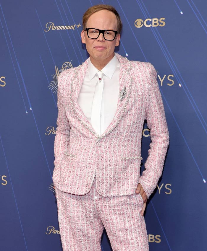 77th Primetime Emmy Awards 2025 Emmy Awards Jeff Hiller Pink Tweed Suit with Peal Embellishments