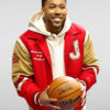 Baseball Player Jake From State Farm Red and Golden Letterman Jacket