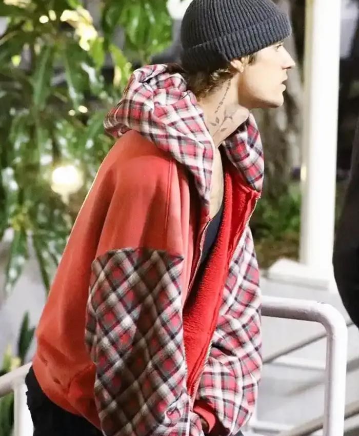 Billie Eilish Concert Justin Bieber Red Jacket with Flannel Hoodie and Sleeves