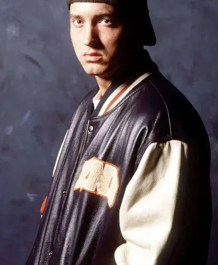 Eminem Radio 1 London Black and Beige Leather Varsity Jacket