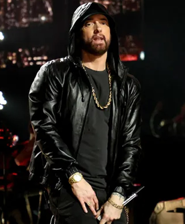 Eminem Rock and Roll Hall of Fame Black Leather Hooded Jacket