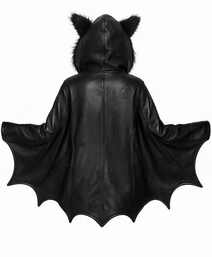 Halloween Bat Wing Leather Jacket with Fur Hood