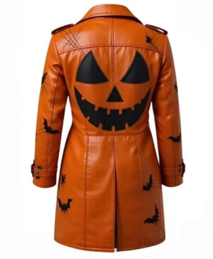 Halloween Pumpkin Orange Leather Trench Coat