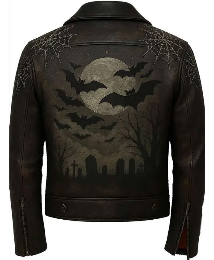 Halloween Unisex Trick or Treat Black Leather Printed Gothic Bats Biker Jacket