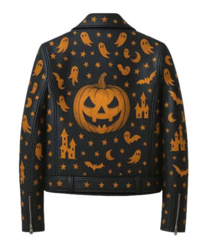 Haunted Halloween Black Leather Jacket with Printed Pumpkin Ghost and Stars