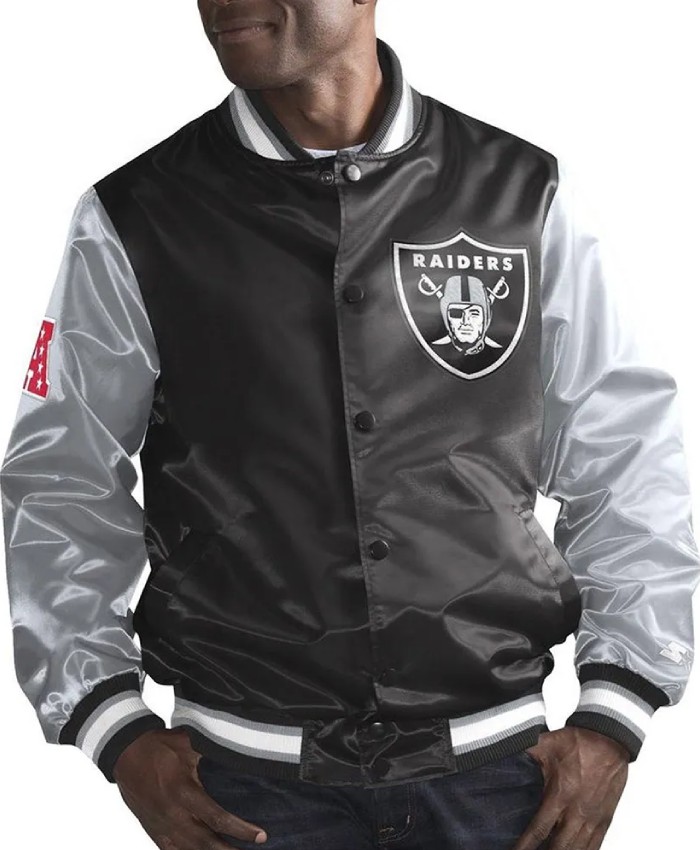 Black and Silver Las Vegas Raiders Full-Snap Varsity Satin Jacket