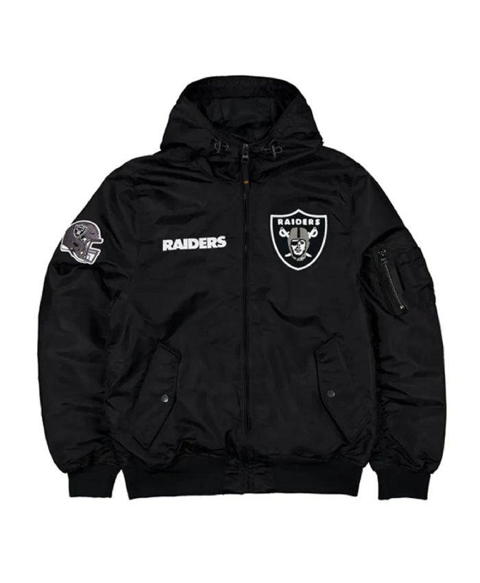 Las Vegas Raiders Historic L-2B Full-Zip Black Satin Hooded Jacket