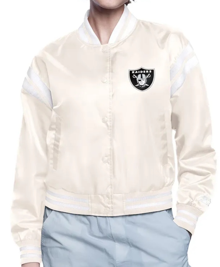 Las Vegas Raiders Printed Logo Varsity Cream Satin Jacket