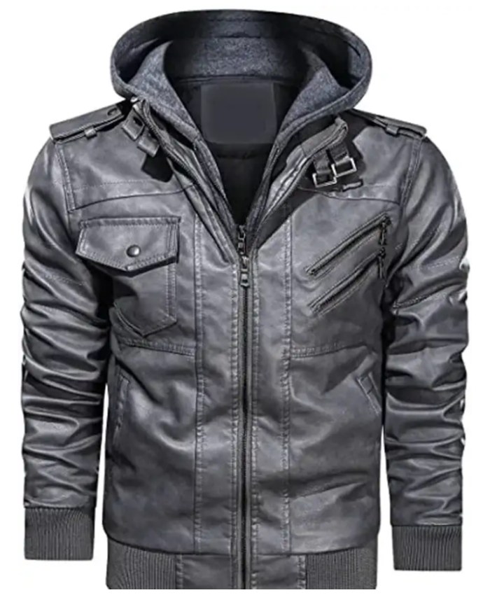 Mens Moto Bomber Removable Hood Grey Leather Jacket