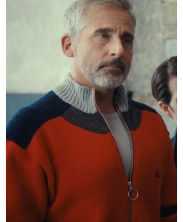 Randall Film Mountainhead 2025 Steve Carell Red Bomber Wool Jacket