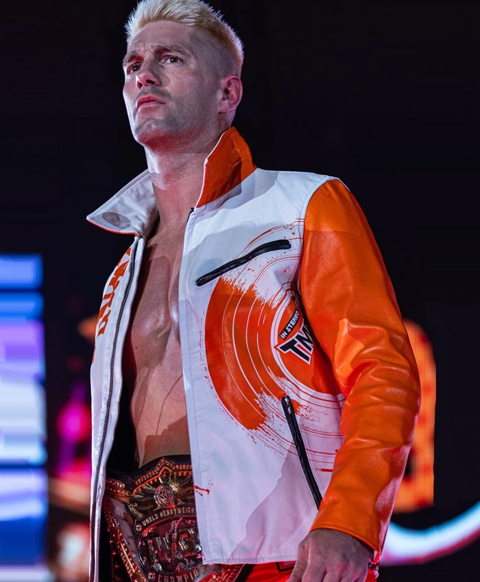 Shop NJPW Zack Sabre Jr. White and Orange Leather Jacket