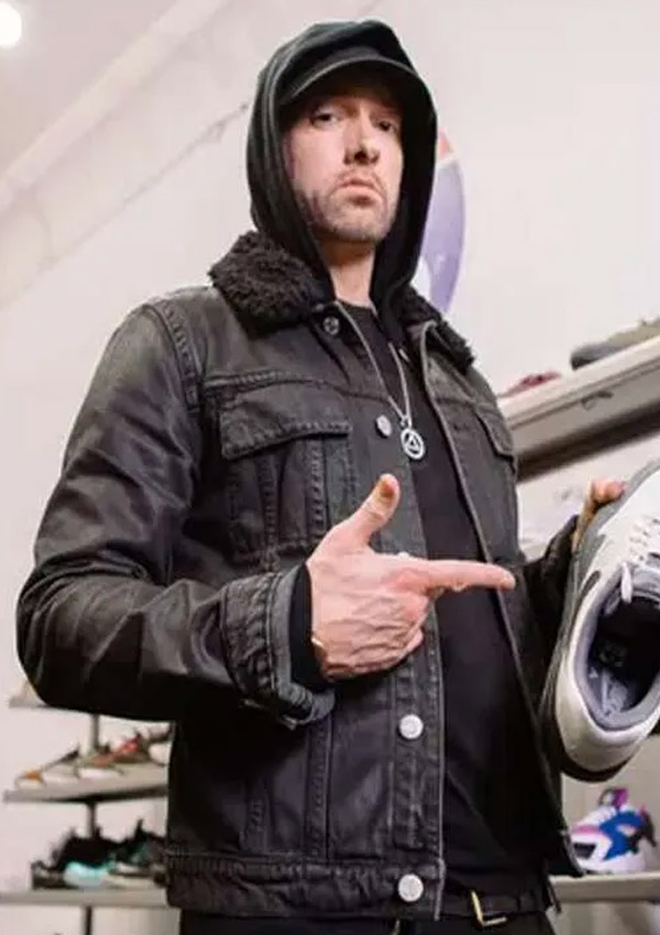 Rapper Eminem Black Denim Jacket with Shearling Collar
