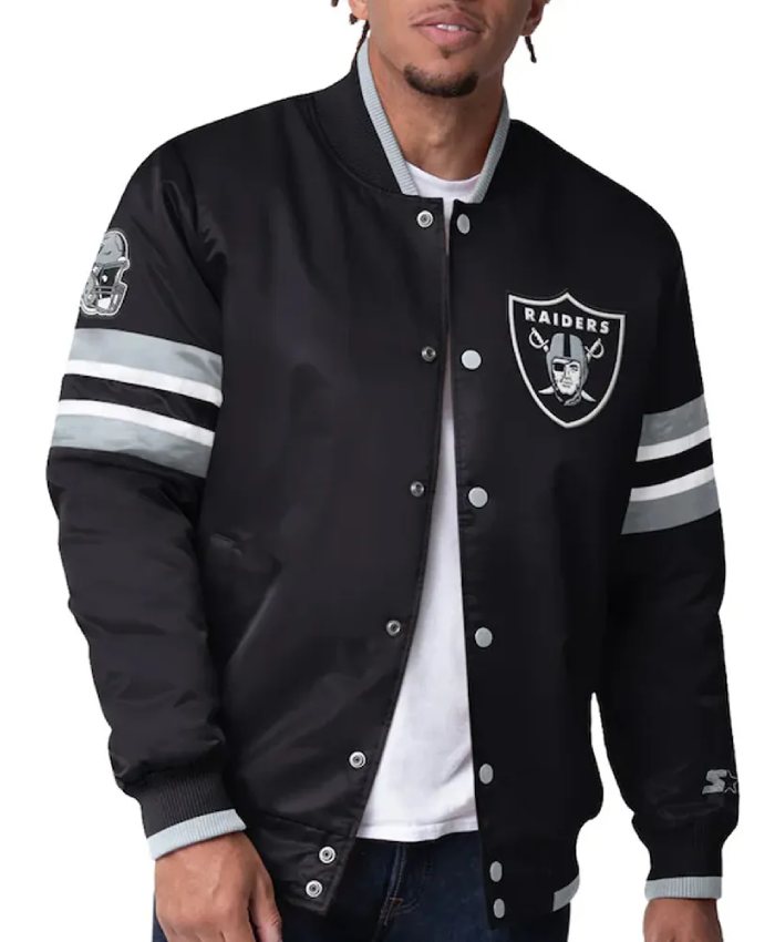 Las Vegas Raiders Scout I Varsity Full-Snap Black Satin Jacket