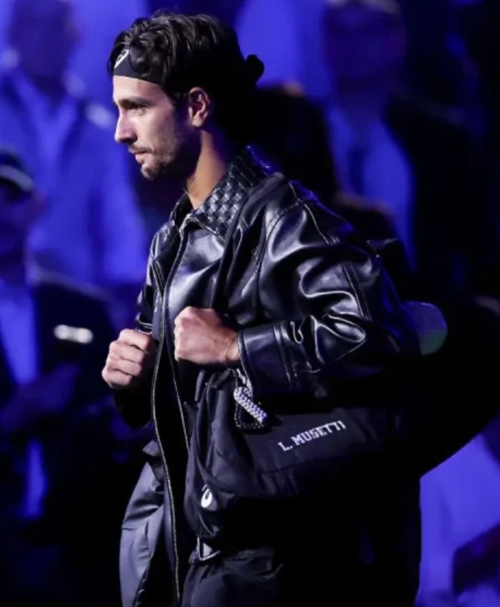 Italian Tennis Player Lorenzo Musetti US Open 2025 Padded Collar Black Leather Jacket