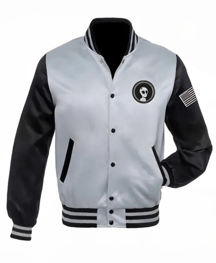 Skull Reaper Grey and Black Satin Varsity Jacket For Men and Women