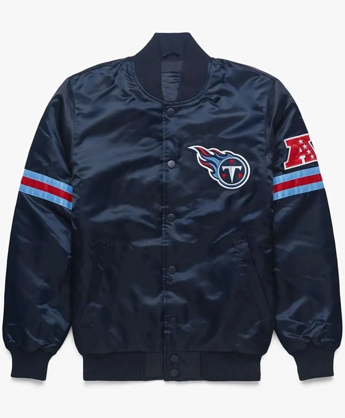 Navy Blue Striped Tennessee Titans Bomber Satin Jacket