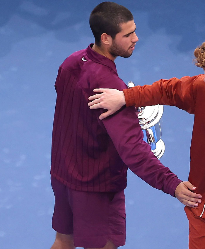 Tennis Player Carlos Alcaraz US Open Maroon Satin Jacket