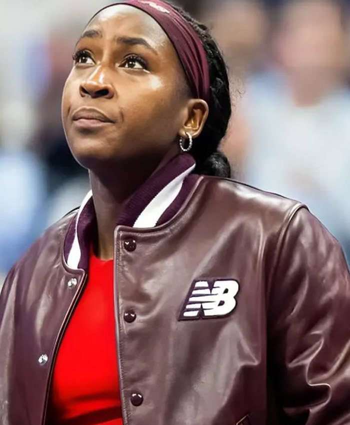 Tennis Player Coco Gauff US Open NB Burgundy Leather Varsity Jacket