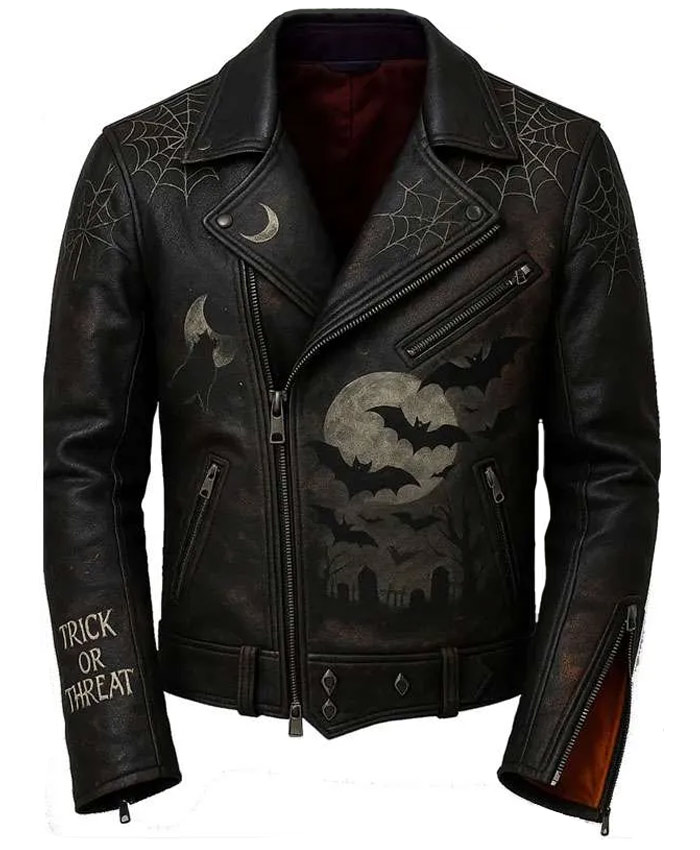 Trick or Treat Gothic Bats Printed Leather Jacket