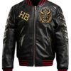 Unisex Halloween Black Leather Bomber Gothic Skull Devil Embroidered Jacket