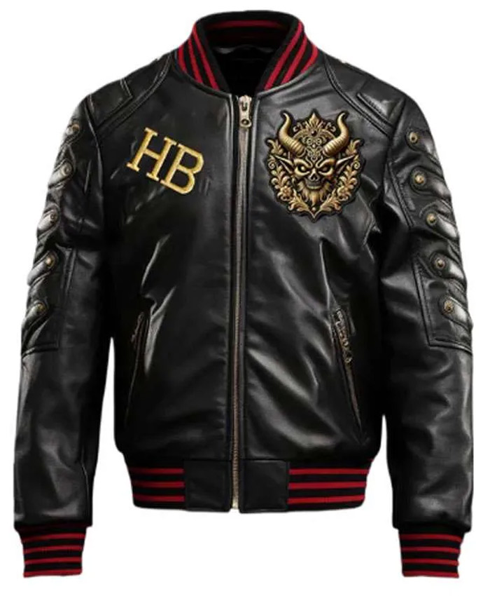 Unisex Halloween Black Leather Bomber Gothic Skull Devil Embroidered Jacket