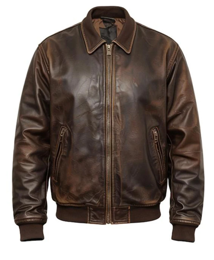 Unisex Skull Printed Brown Distressed Leather Jacket For Halloween