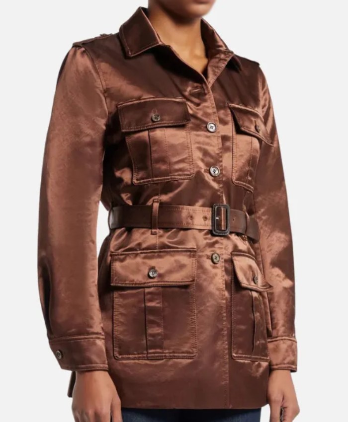 Billie Piper TV Series Wednesday S02 Episode 8 Isadora Capri Brown Satin Belted Jacket