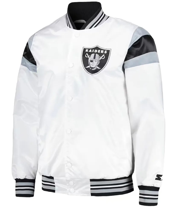 Las Vegas Raiders Midweight White Satin Varsity Jacket