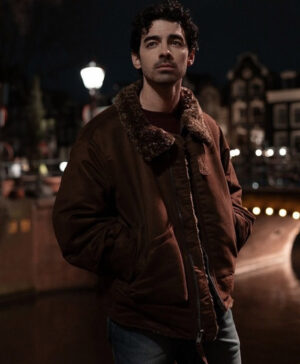 A Very Jonas Christmas Movie 2025 Brown Shearling Jacket