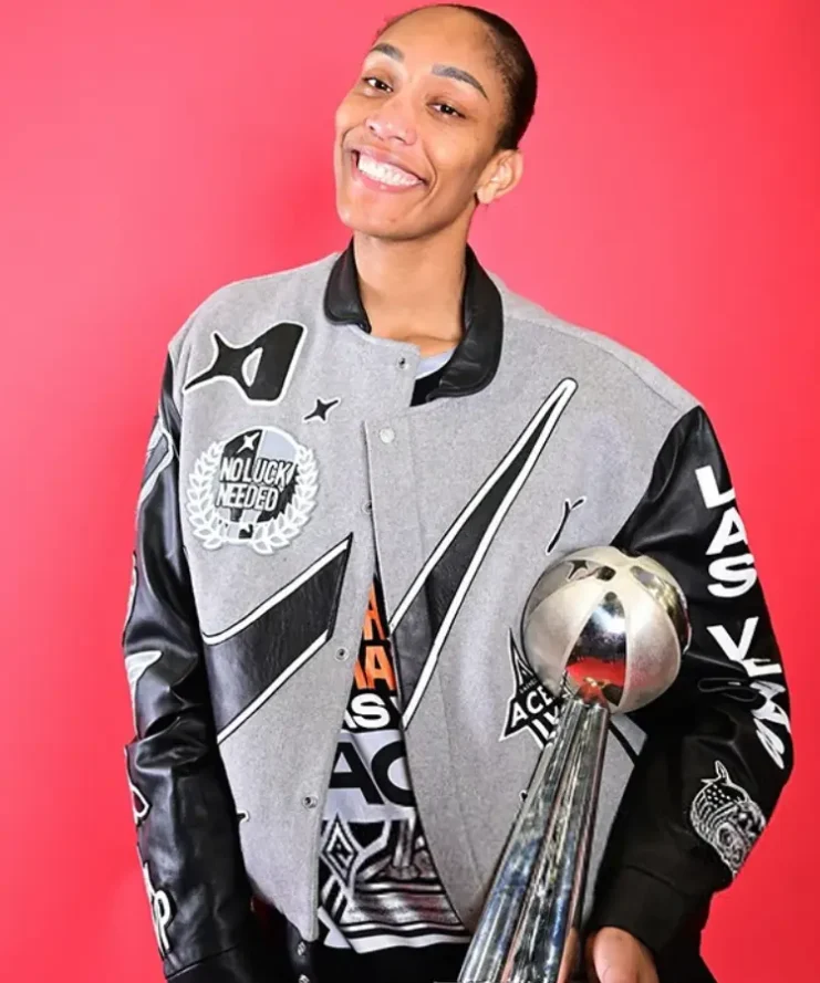 A’ja Wilson 2025 WNBA Finals Grey and Black No Luck Jacket