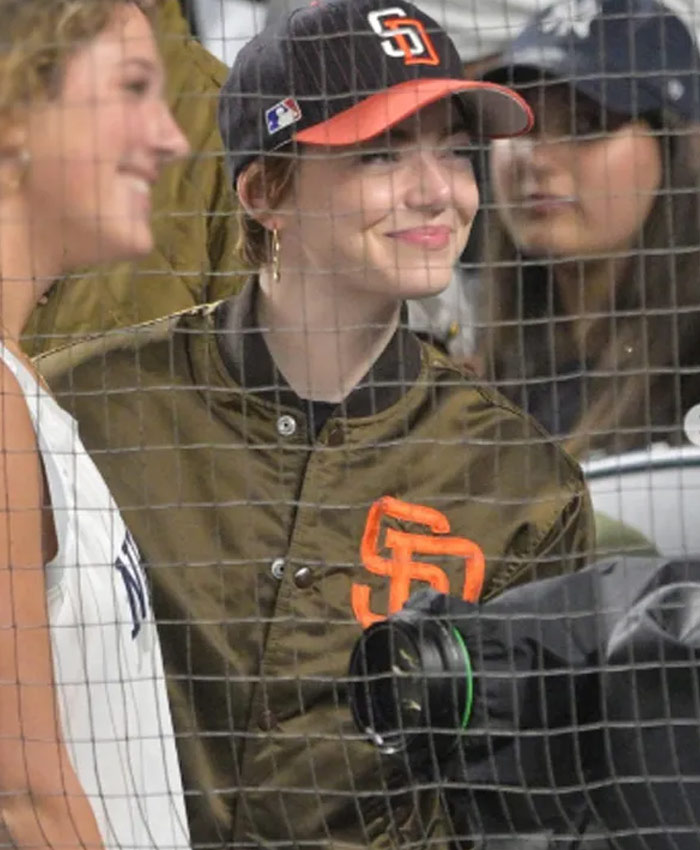 American Actress Emma Stone Brown Satin Bomber Jacket